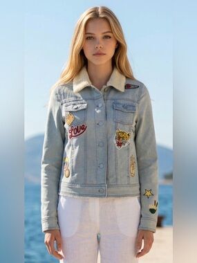 Indigo Rein Light Blue Denim Jacket with Shearling Collar and Patches